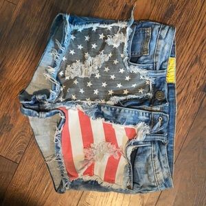 High Rise Distressed Denim Flag Cut Off Shorts